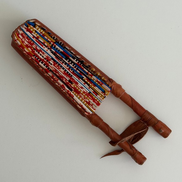 Vintage African Fabric Folding Fan Handmade Leather Handle Abstract - Picture 2 of 6